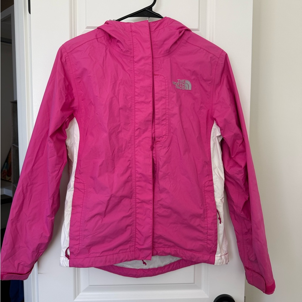 The North Face Women’s Fuchsia Pink and White Hyvent Rain Jacket